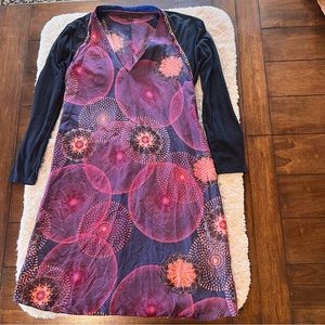 100% silk dress; common thread; cotton made long sleeve; size S; blue & purple